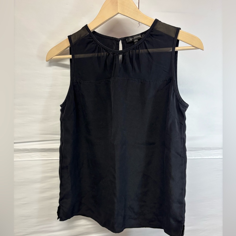St. John Caviar Black Silk Spandex Basic Shell Blouse Top Black Size S